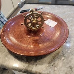 Mid Century Brass Ships Wheel Nautical Theme Nut Cracker With Wooden Bowl